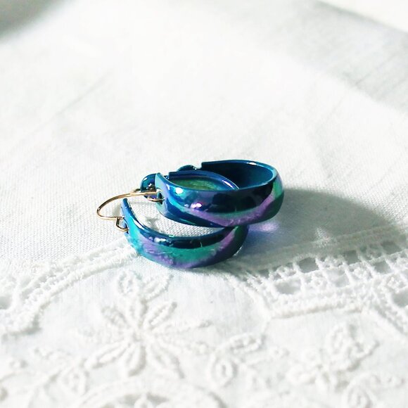 Vintage Teal Enamel Earring Hoops, Small 80s Deadstock Peacock Colour Earrings - Picture 4 of 5